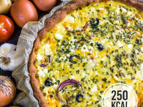 Vegetarische Quiche Mit Kartoffeln Oliven Tomate Und Kase Kalorienarm Einfach Kalorien Geniessen 