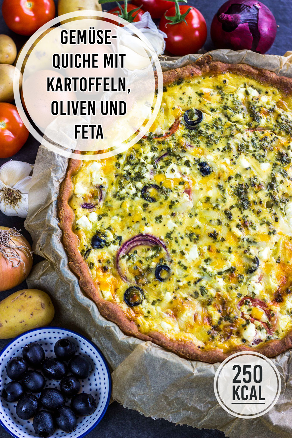 Vegetarische Quiche Mit Kartoffeln Oliven Tomate Und Kase Kalorienarm Und Einfach Kalorien Geniessen