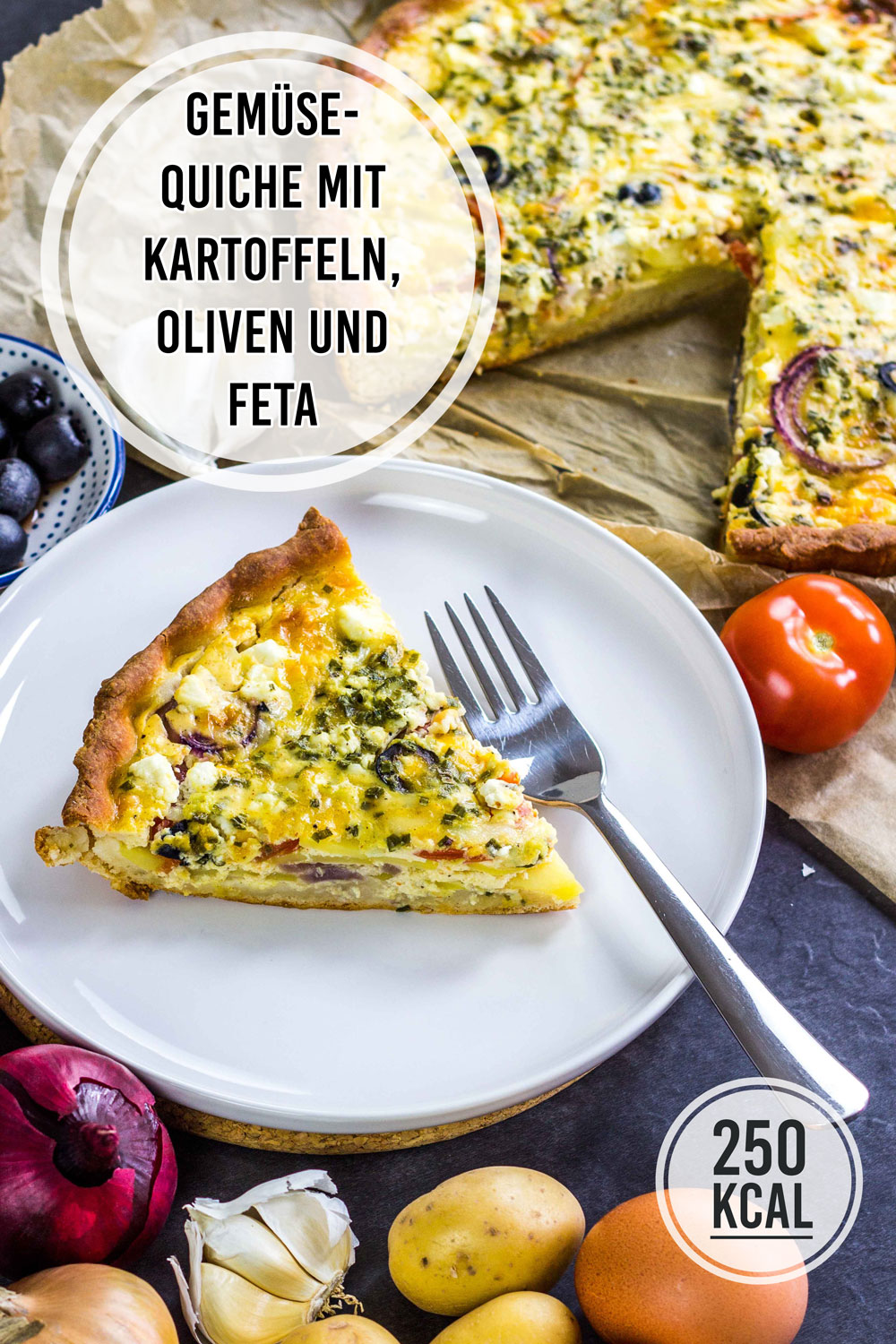 Vegetarische Quiche Mit Kartoffeln Oliven Tomate Und Kase Kalorienarm Und Einfach Kalorien Geniessen