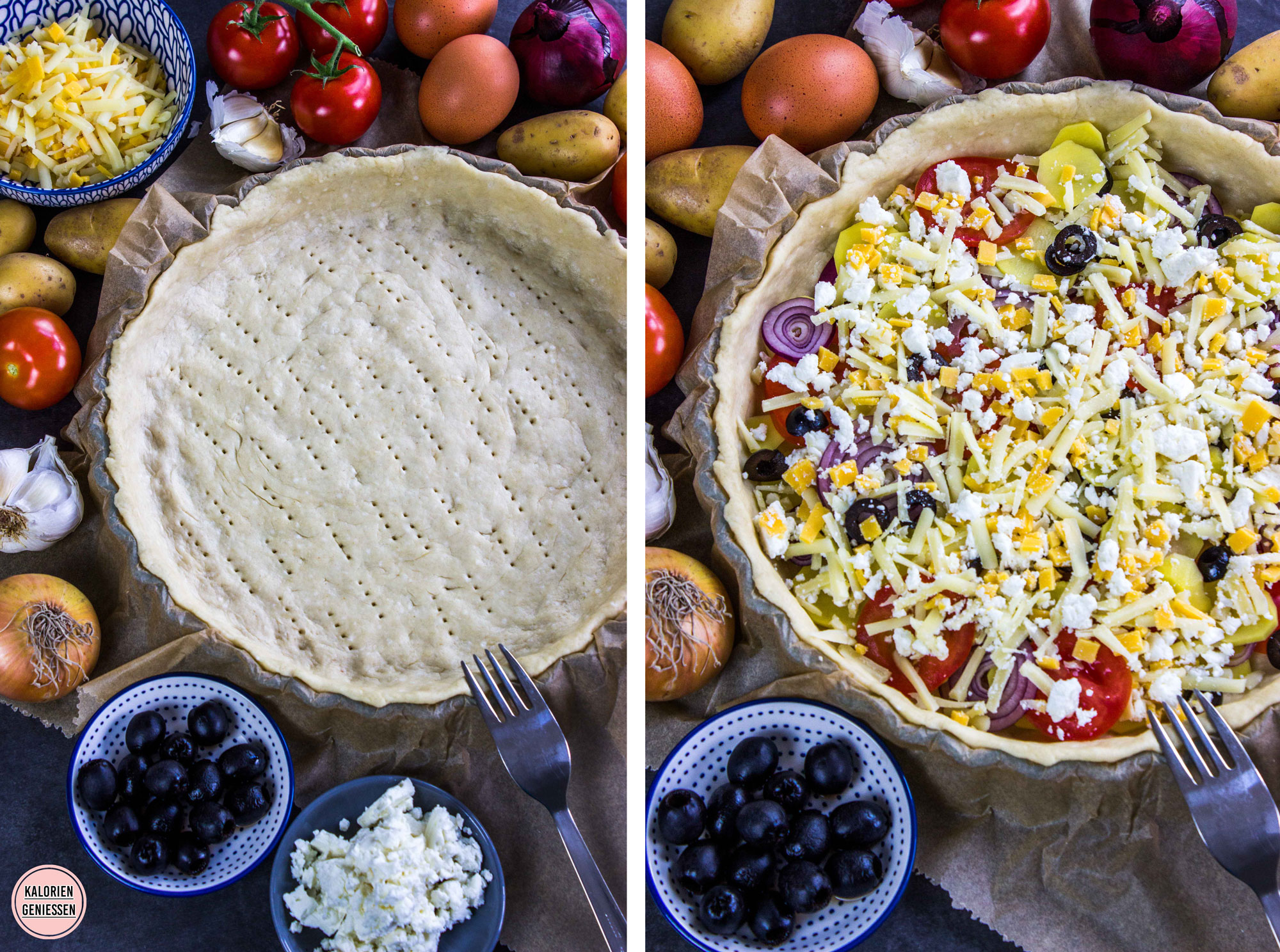 Vegetarische Quiche Mit Kartoffeln Oliven Tomate Und Kase Kalorienarm Und Einfach Kalorien Geniessen