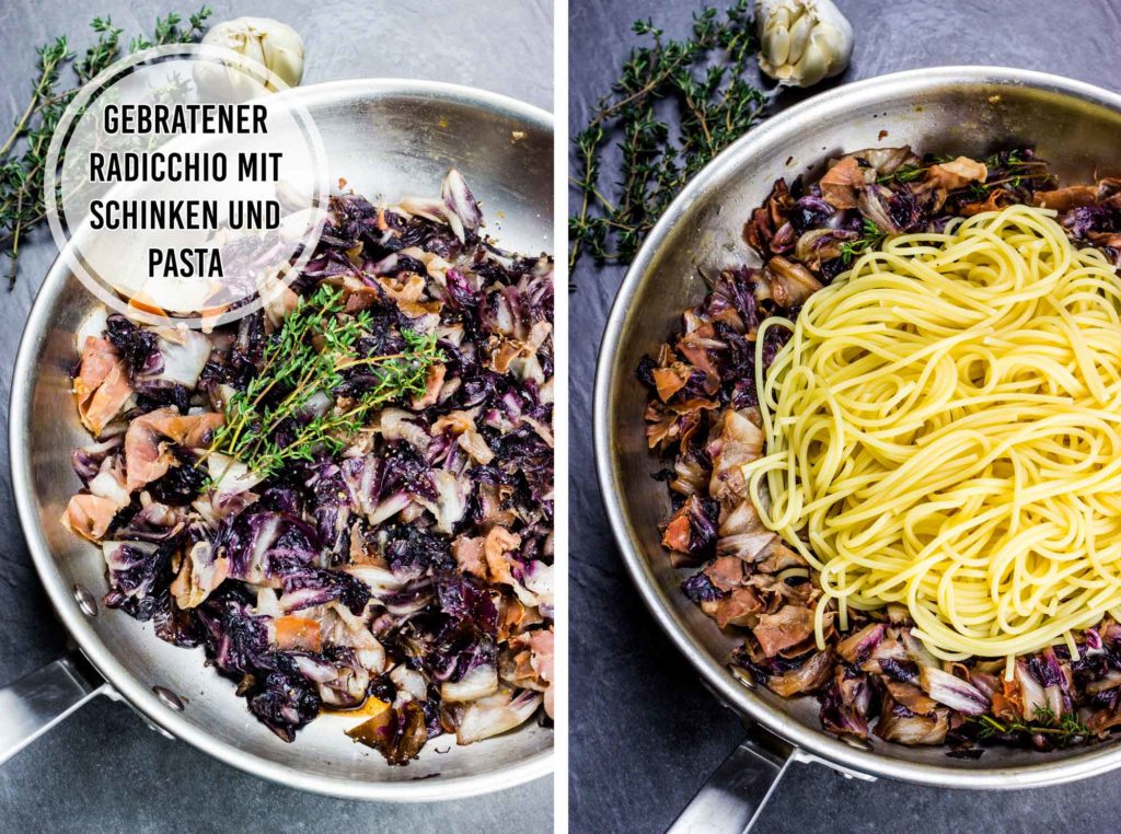 Pasta mit mild-bitterem Radicchio und würzigem Prosciutto. Raffiniert, außergewöhnlich und perfekt für Gäste. Einfaches und schnelles Rezept. Gesundes und kalorienarmes Kochen. Schnelle Rezepte zum Abnehmen. - kaloriengeniessen.de #pasta #radicchio #prosciutto #nudeln #spaghetti #mittagessen #abendessen #schnellundeinfach #kaloriengeniessen #rezeptezumabnehmen