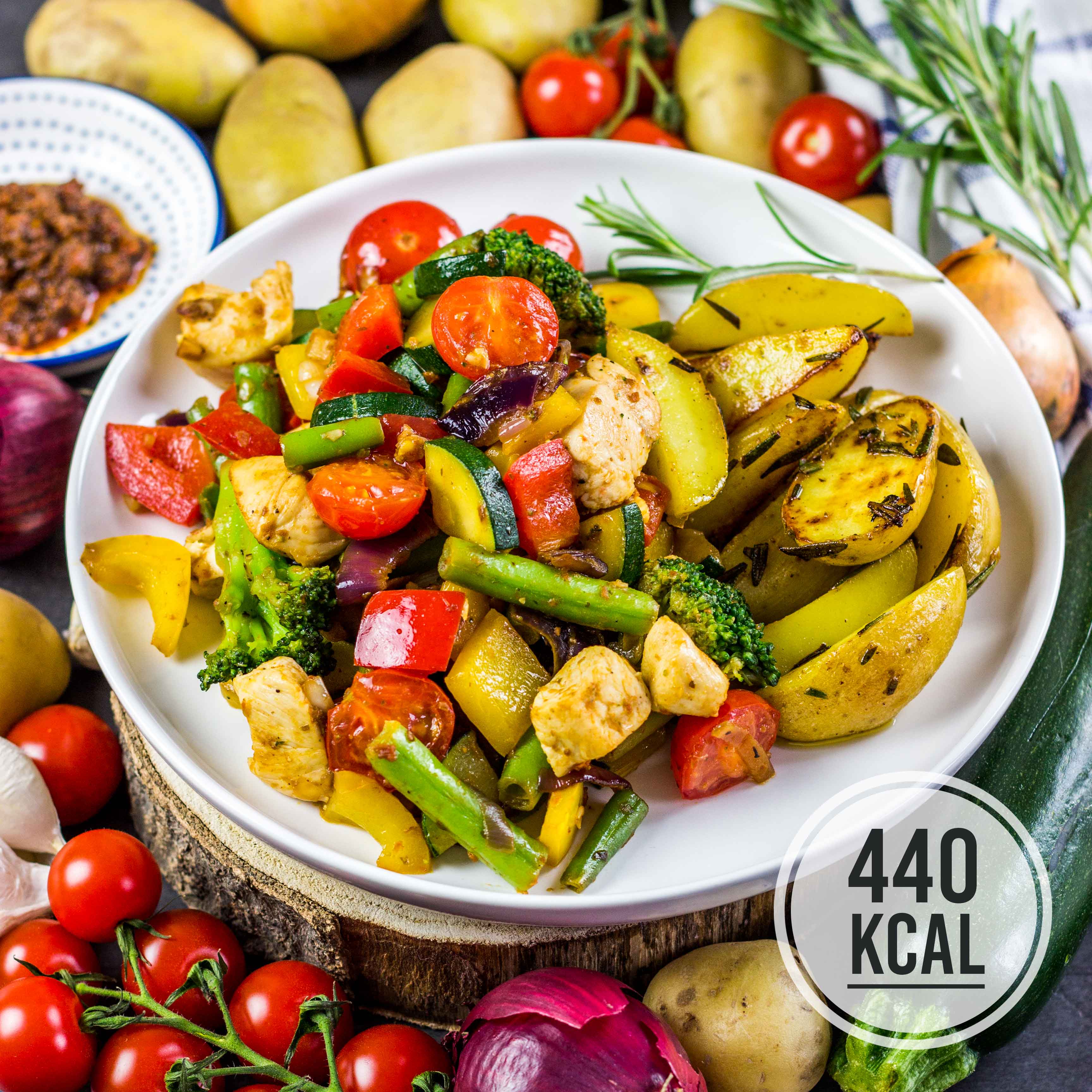 Italienische Gemusepfanne Mit Hahnchen Und Rosmarinkartoffeln Gesund Und Super Sattigend Kalorien Geniessen