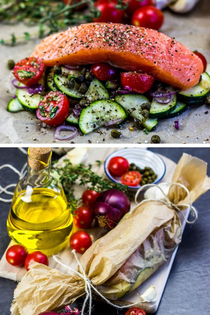 Gesunder Lachs aus dem Ofen mit mediterranem Gemüse aus Zucchini und Tomaten. Herzhaft und perfekt für den Grill oder den Backofen. Super Mittagessen und Abendessen während einer Diät. Kalorienarmes Kochen. Schnelle Rezepte zum Abnehmen. - kaloriengeniessen.de #zucchini #lachs #tomaten #ofen #grill #herzhaft #schnellundeinfach #kaloriengeniessen #rezeptezumabnehmen