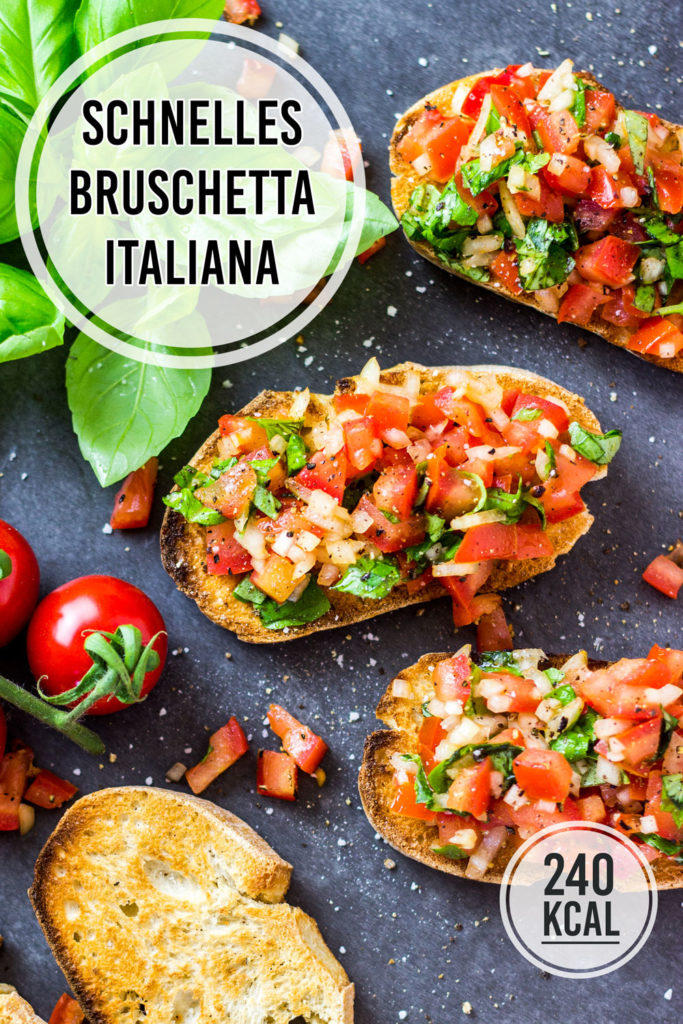 Bruschetta italiana ist DIE Vorspeise und Italien und mit Tomate ein echter Klassiker. Das originale Rezept für Bruschetta ist einfach und schnell selbst gemacht. Als Vorspeise nur 240 Kalorien pro Portion. Bruschetta mit Toastbrot, Ciabatta oder Baguette - immer lecker! Gesundes und kalorienarmes Kochen. Schnelle und einfache Rezepte zum Abnehmen. - kaloriengeniessen.de #bruschetta #italiana #original #schnellundeinfach #kaloriengeniessen #rezeptezumabnehmen #tomate #basilikum #kalorienarm #vegan