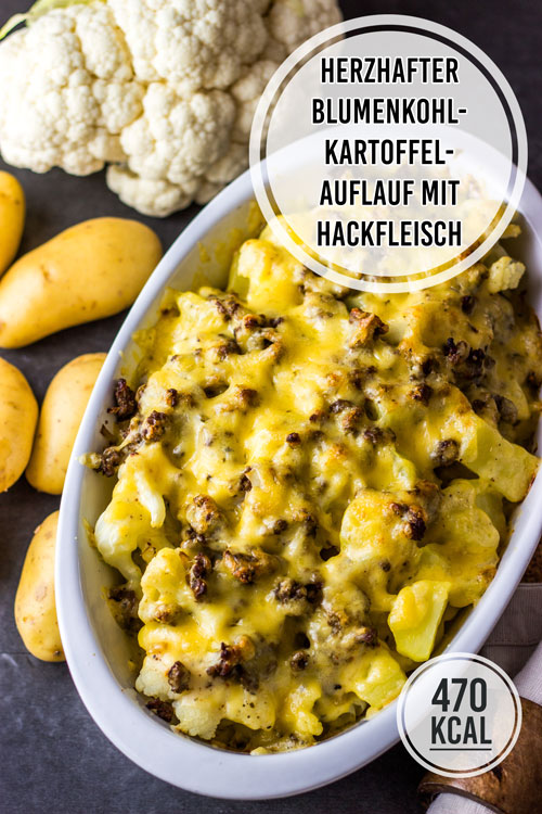 Kalorienarmes Rezept für Auflauf mit Hackfleisch, herzhaft und sättigend durch Blumenkohl und Kartoffeln. Mit einfacher und würziger Bechamel-Sauce ohne Sahne. Den Blumenkohl kannst du durch Brokkoli oder anderes Kohlgemüse ersetzen oder auch mit Möhren oder anderem Gemüse ergänzen. Lecker und einfach kalorienarm kochen. Gesunde und kalorienarme Rezepte zum Abnehmen. - kaloriengeniessen.de #mittagessen #auflauf #blumenkohl #kartoffeln #hack #sauce #käse #gemüse