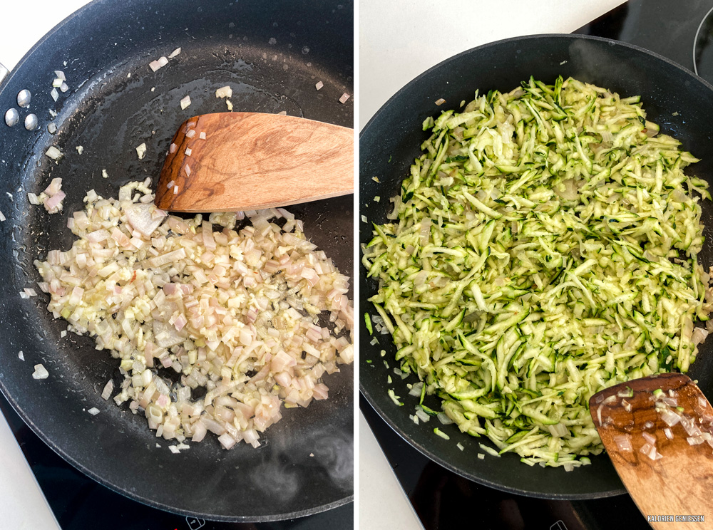 Nudeln mit geriebener Zucchini, Zitronensauce und Parmesan, garniert mit Basilikum - kalorienarmes Rezept für den Sommer. Die Zucchini wird in einer Pfanne mit Zwiebel und Knoblauch gebraten und bekommt durch Zitrone und Parmesan einen tollen Geschmack. Das Gericht ist in ca. 20 Minuten fertig. - kaloriengeniessen.de #abendessen #dinner #kalorienarm #zucchini #500kalorien #sauce #zitrone #gemüse