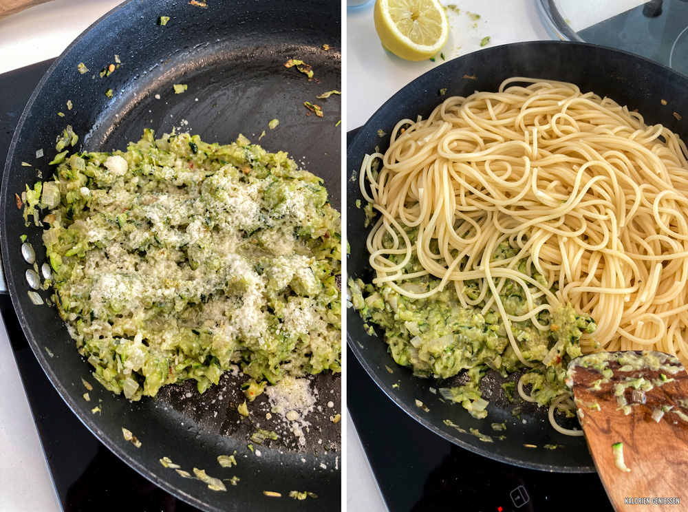 Nudeln mit geriebener Zucchini, Zitronensauce und Parmesan, garniert mit Basilikum - kalorienarmes Rezept für den Sommer. Die Zucchini wird in einer Pfanne mit Zwiebel und Knoblauch gebraten und bekommt durch Zitrone und Parmesan einen tollen Geschmack. Das Gericht ist in ca. 20 Minuten fertig. - kaloriengeniessen.de #abendessen #dinner #kalorienarm #zucchini #500kalorien #sauce #zitrone #gemüse