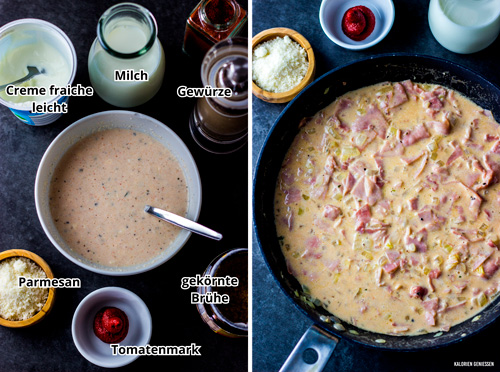 Dieses einfache und schnelle Rezept für kalorienarmes Nudel Schinken Gratin mit Brokkoli ist perfekt für deine Alltagsküche: unter 600 kcal und 33 g Eiweiss, damit bist du lange satt und zufrieden. - kaloriengeniessen.de #abendessen #mittagessen #kalorienarm #nudel #schinken #auflauf #fettarm #gemüse